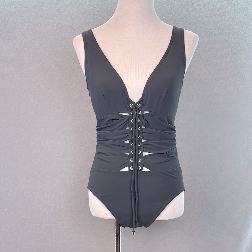 Karla Colletto - women’s one piece Gray Lace-Up front Swimsuit under wire SZ 4‎